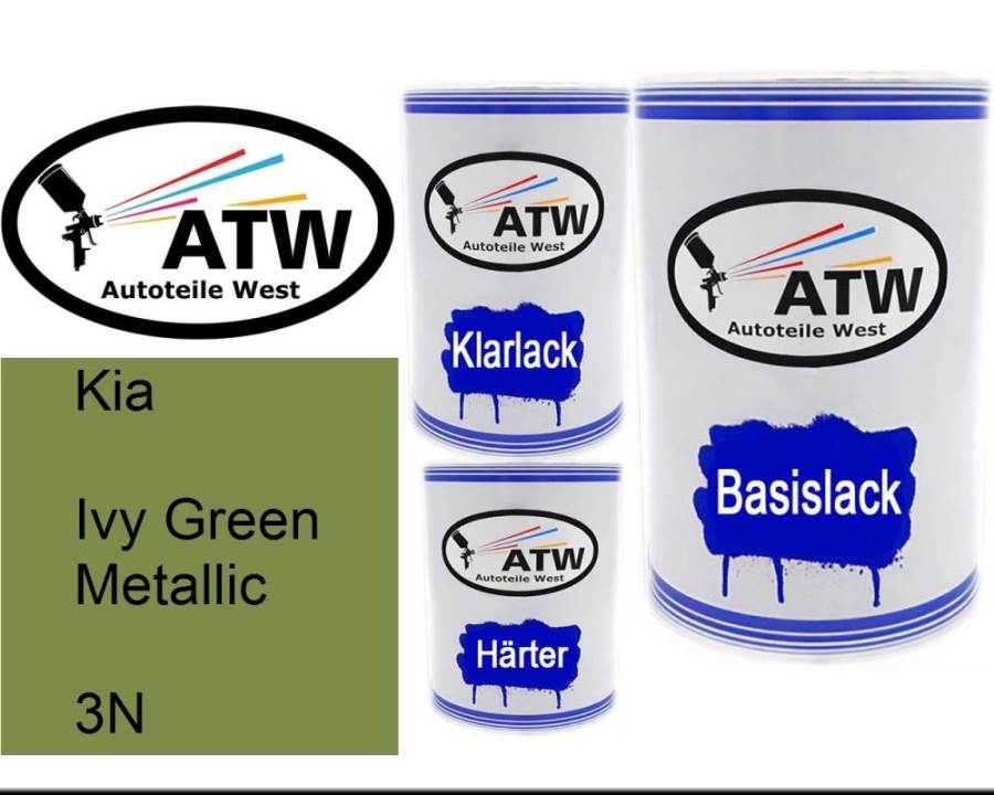 Kia, Ivy Green Metallic, 3N: 500ml Lackdose + 500ml Klarlack + 250ml Härter - Set, von ATW Autoteile West.